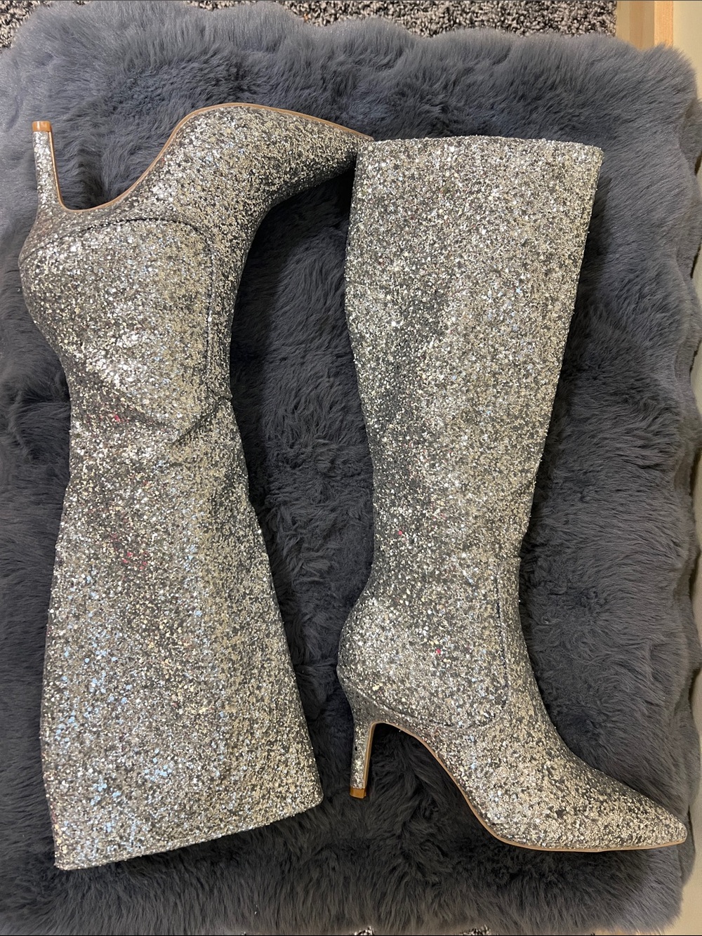 Cider Glitter Silver Tall Boots, 3” heel, NEW! 
Zip, pointed Toe. Size 38, 8